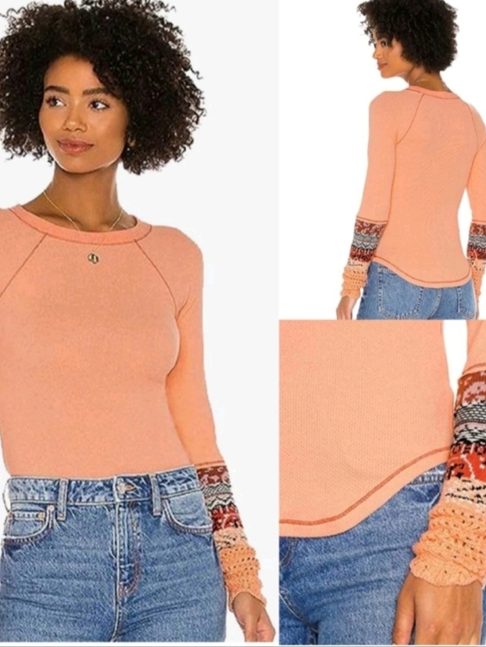 Free people In The Mix Cuff Crochet Knit Top Thermal Desert Orange Bohemian Sz M - Picture 15 of 15